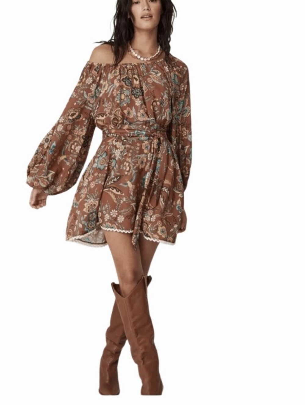 Spell Mojave Lilly Dress Brown Floral Off-Shoulder Mini